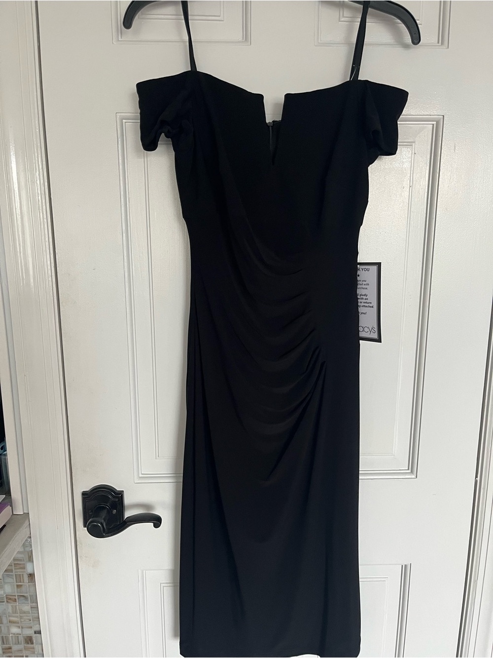 Xscape Black Off-Shoulder Draped Midi Dress